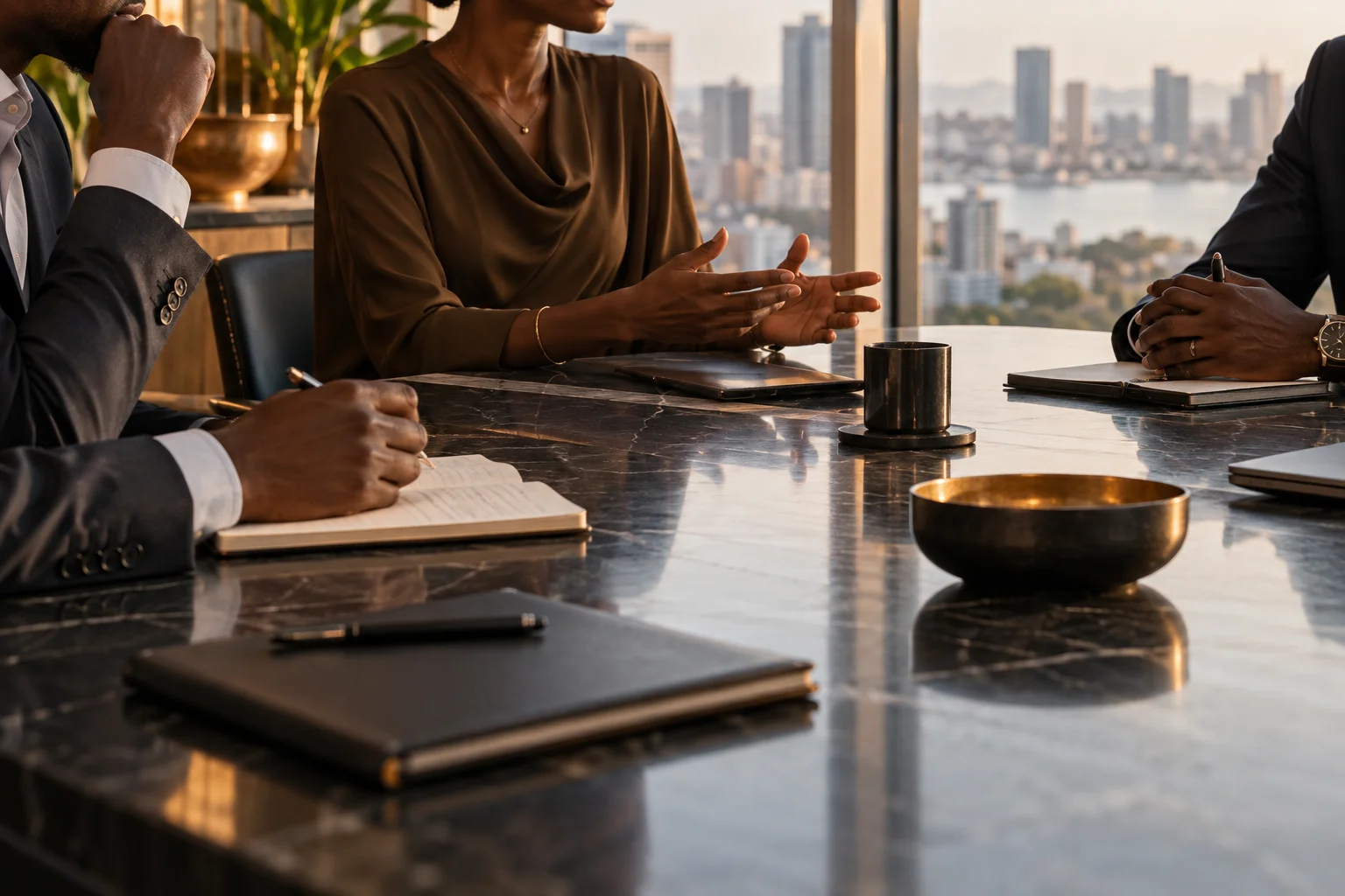Editorial illustration of executives sharing ideas around a boardroom table